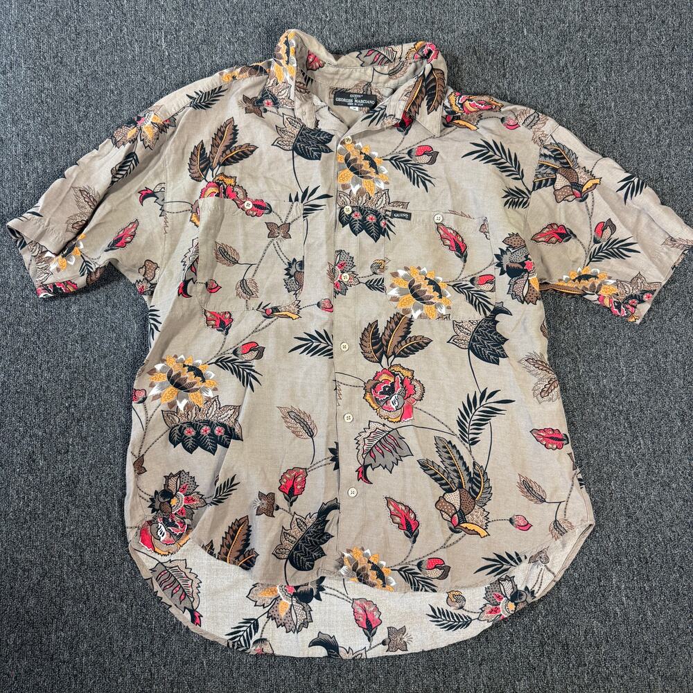 Vintage Y2k GUESS by Georges Marciano Floral Tan Hawaiian Button-Up Shirt 3 M